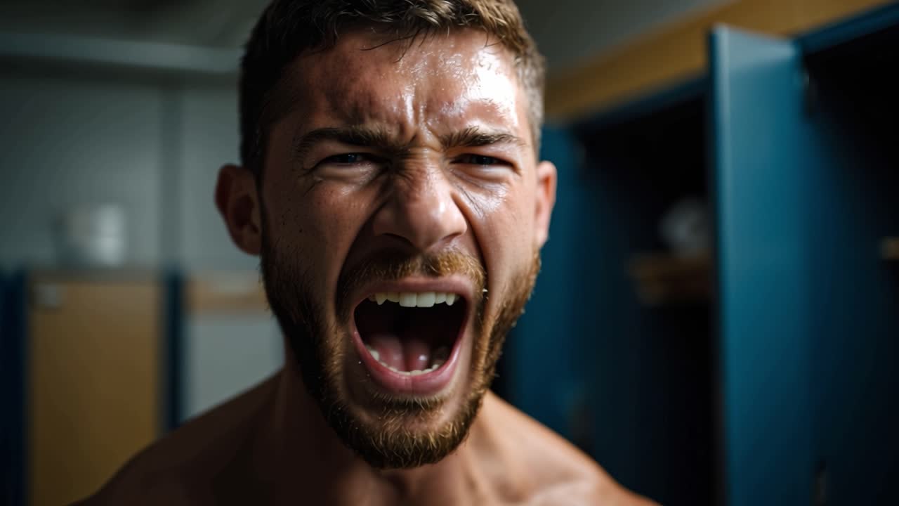 Intense Espressioni Emotive di un Atleta Determinato in uno Spogliatoio, Catturando l'Energia Pura e la Concentrazione Prima di una Sfida Importante