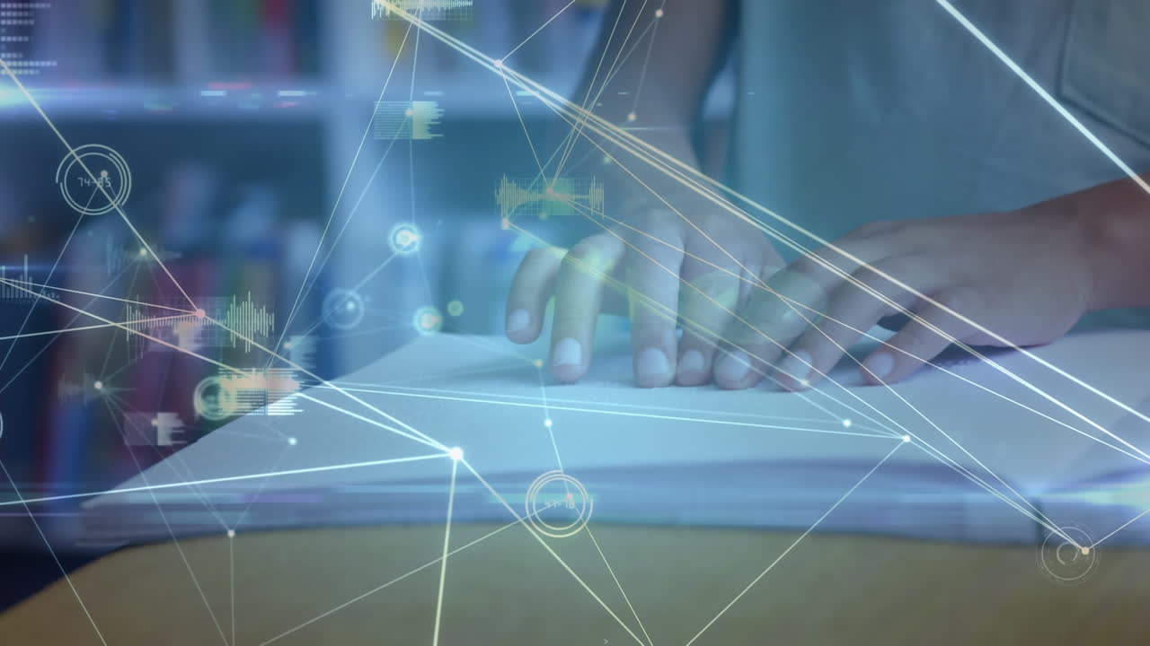 배경 에 연결 된 점 들 의 웹 위 에서 책 을 읽고 있는 아이 의 애니메이션