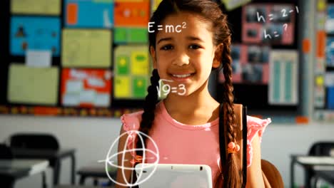 Animation-of-mathematical-equations-over-biracial-girl-using-tablet