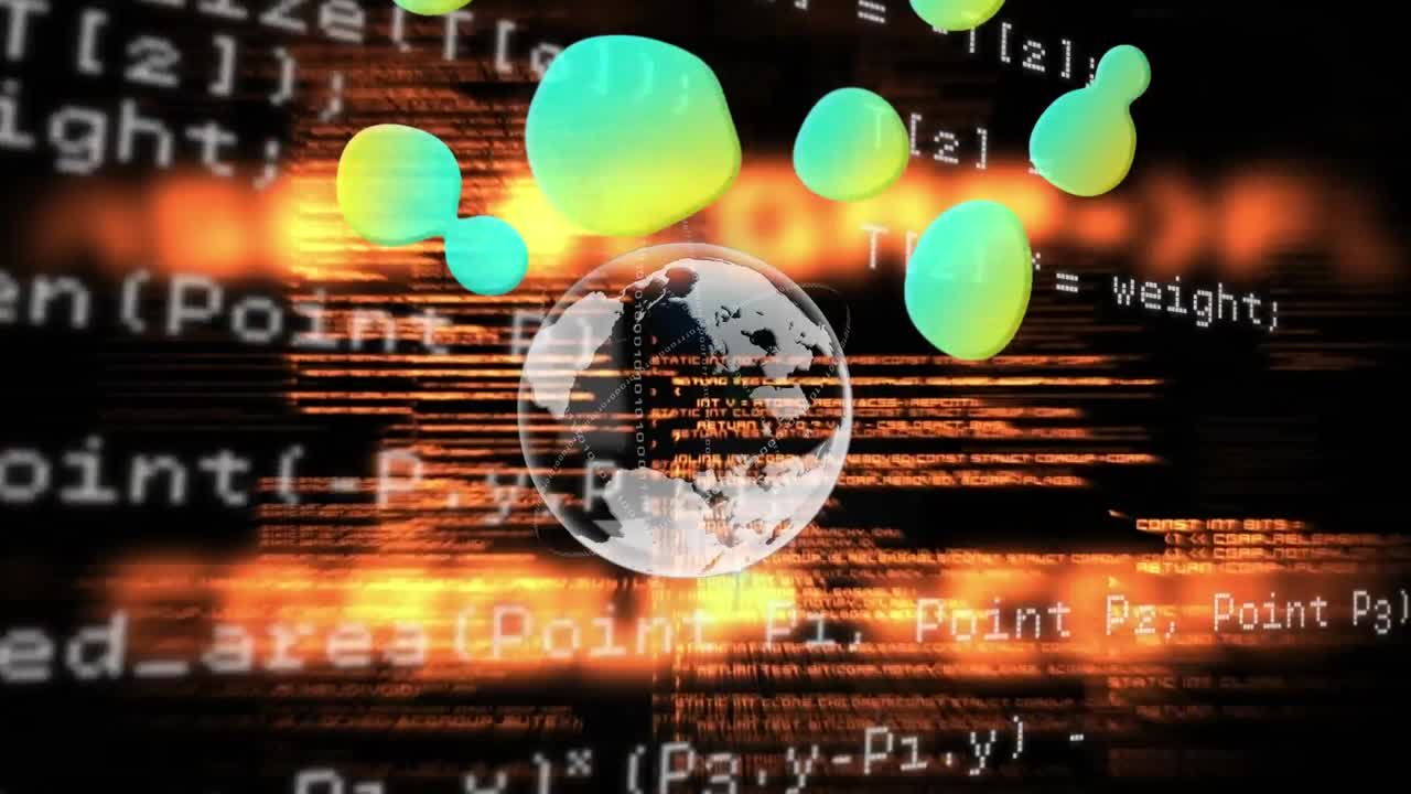 el video es una animación generada por computadora de procesamiento de datos y un globo sobre un fondo oscuro.