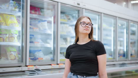 woman in black top and glasses glancing to her right while walking past a display glass filled with goods in a well-lit mall, she appears focused and engaged with her surroundings