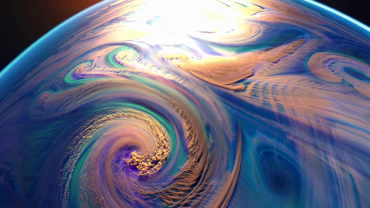 Kosmický pohled na vířící abstraktní planetu s živými barvami