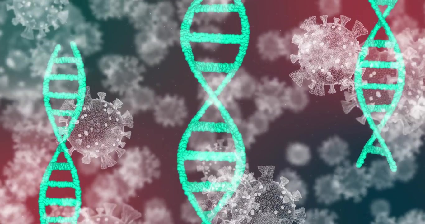 Double hélice d'ADN en rotation avec des cellules virales flottantes