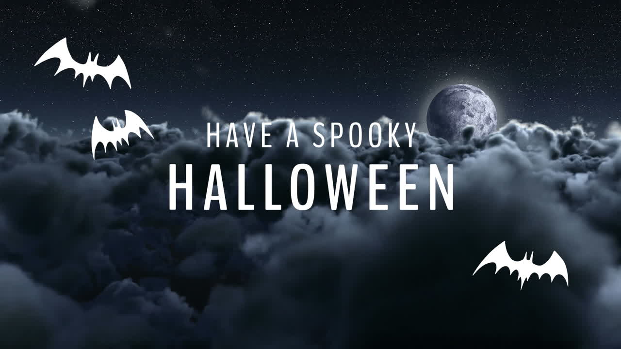 murciélagos volando sobre las nubes con texto espeluznante de halloween y luna en el fondo