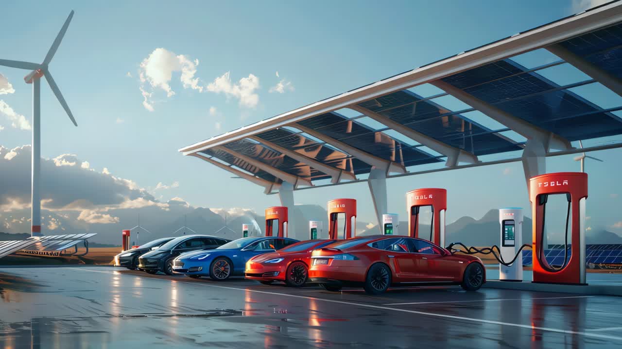 Tesla Supercharger Station with Solar Panels
