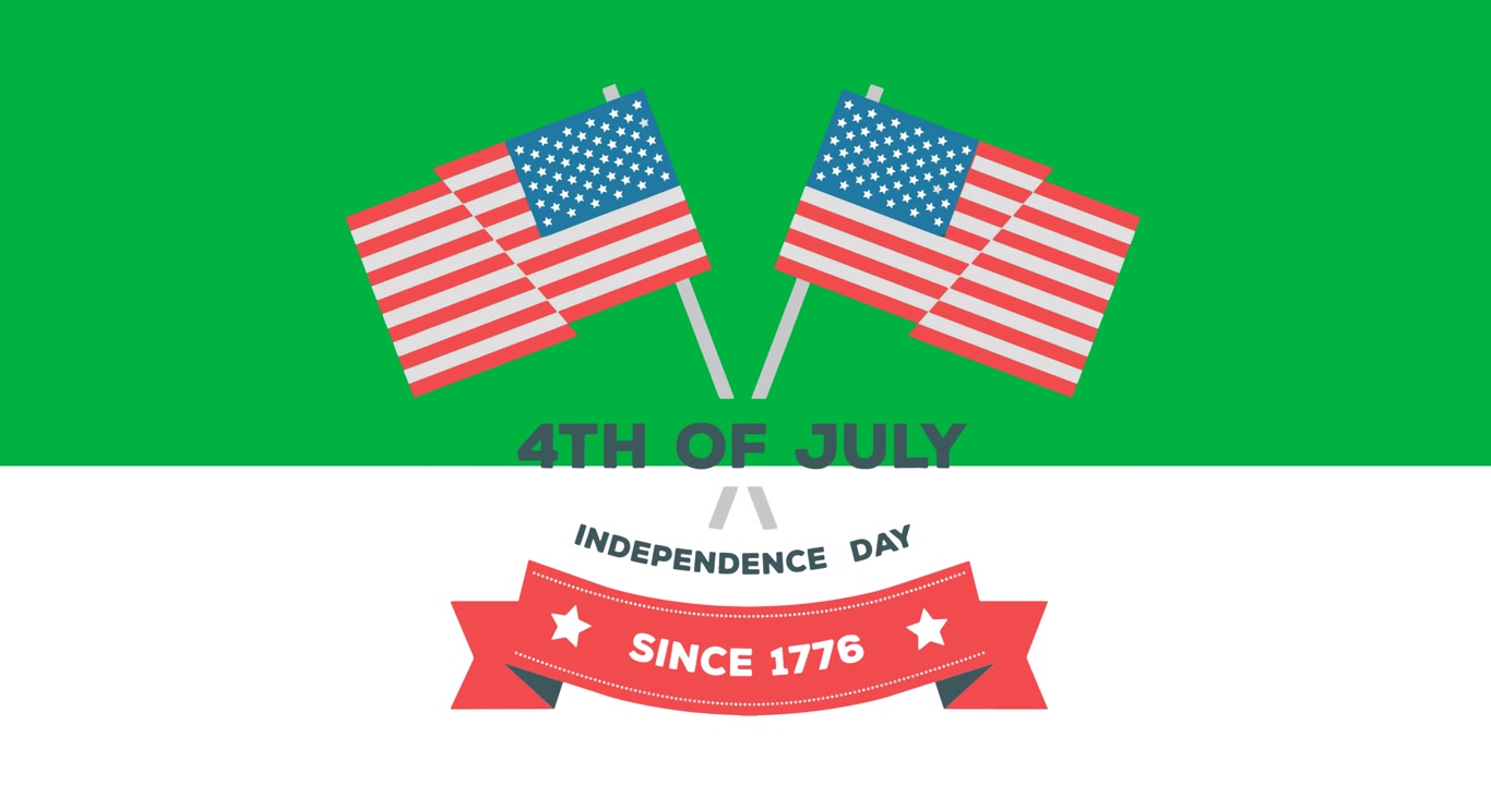 Digital animation af amerikanske flag og tekst om uafhængighedsdagen mod sort og hvid baggrund