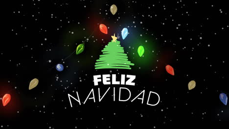 Animation-Des-Textes-„Feliz-Navidad“-Und-Schnee,-Der-über-Lichterketten-Auf-Schwarzem-Hintergrund-Fällt