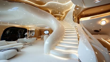 a living room filled with white furniture and a spiral staircase