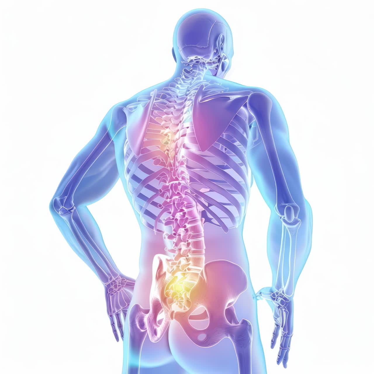 A digital illustration of a human skeleton with highlighted spine, viewed from a rear angle