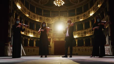 cinematic close up shot of symphony orchestra with performers wearing medical protective masks playing violins