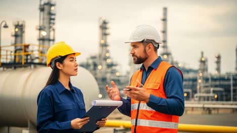 a collaborative discussion between two professionals at a industrial site, highlighting safety protocols and project management in a dynamic environment