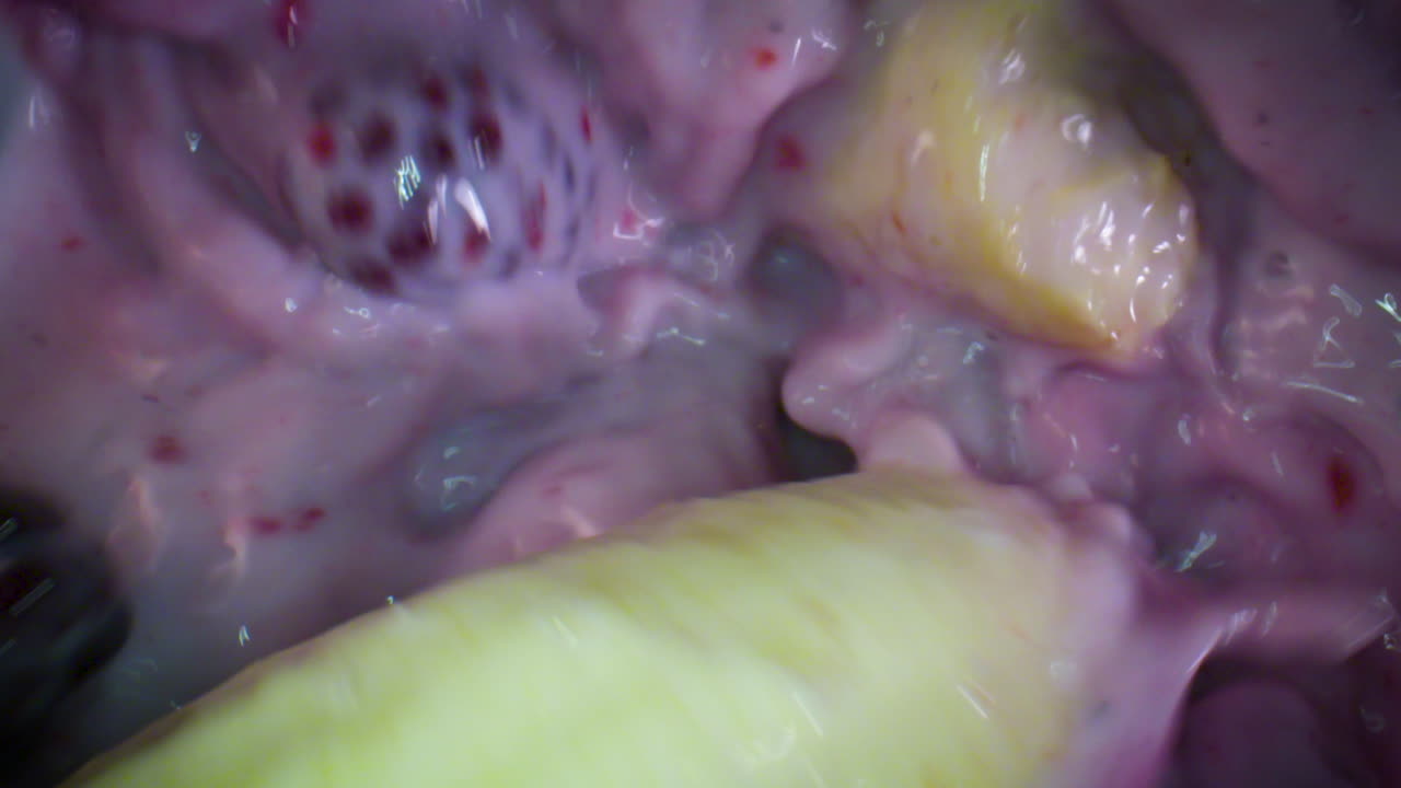 vista de arriba hacia abajo dentro de una licuadora mientras los plátanos, las bayas y la leche se mezclan en un batido