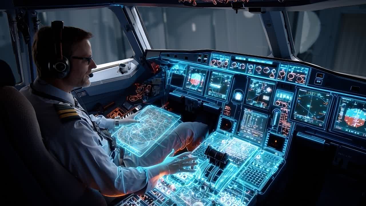 Pilot operating advanced cockpit technology during flight preparations