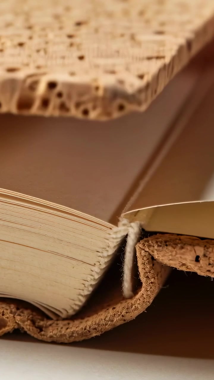 Video verticale: La telecamera si allontana mostrando un libro con copertine di sughero su un tavolo, con il filo della rilegatura cucita in evidenza.