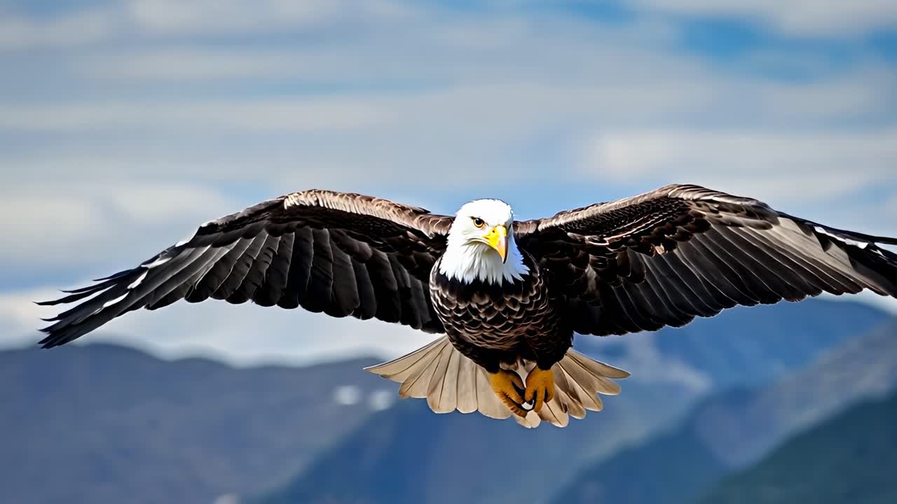 Un aigle majestueux plane les ailes largement déployées, filmé en contre-plongée dynamique, évoquant une sensation