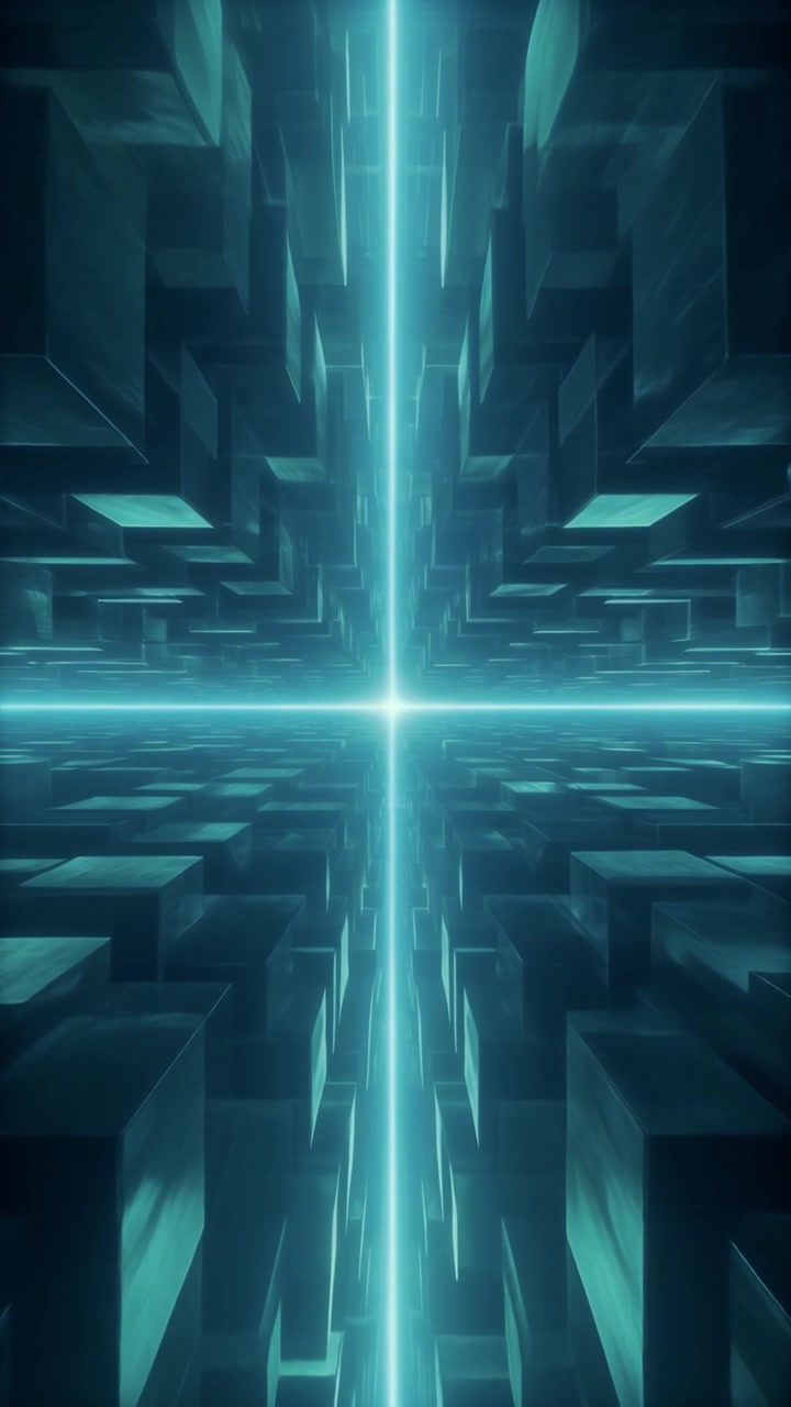 Abstract 3D Tunnel of Glowing Cyan Cubes