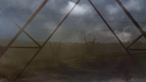 animación de la tormenta sobre los postes de electricidad al atardecer