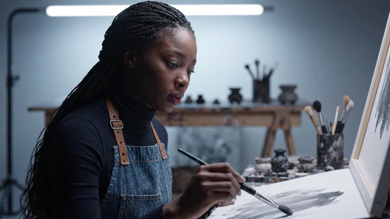 A talented artist engaged in the creative process, meticulously painting a design with a brush, surrounded by various artistic tools in a studio setting.