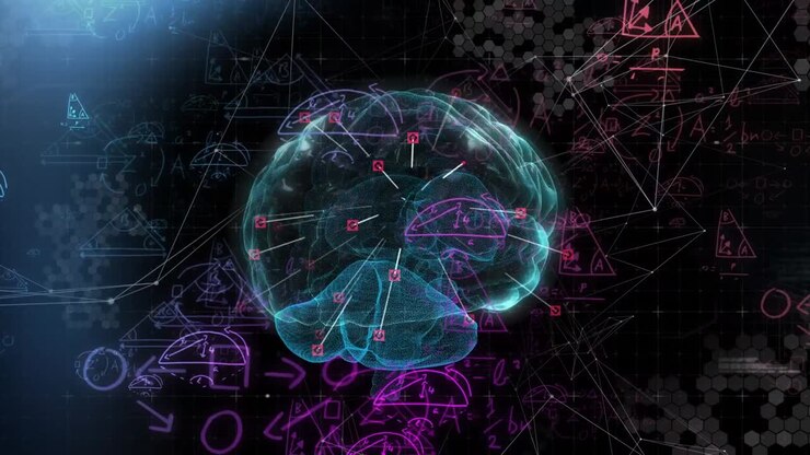 Animation of digital brain and mathematical equations on black background