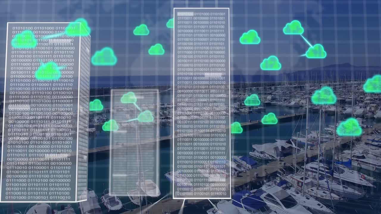 animación de nubes y procesamiento de datos sobre el paisaje urbano.