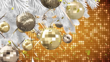 animación digital de confeti cayendo sobre joyas y estrellas decoración colgada en el árbol de navidad
