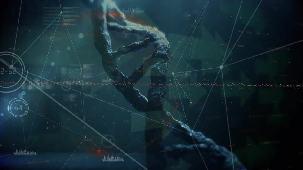 Animation of dna strand spinning and data processing over human body