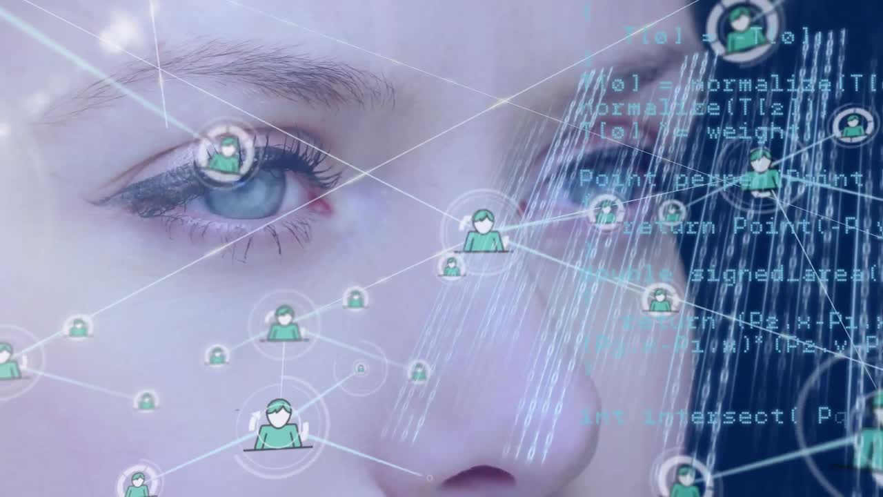 animación de la red de conexiones con iconos y procesamiento de datos sobre la mujer caucásica.