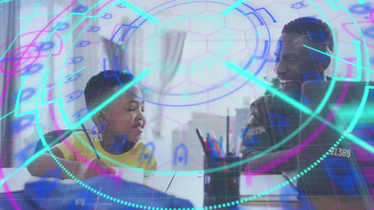 Animation of data processing over african american father and son using laptop