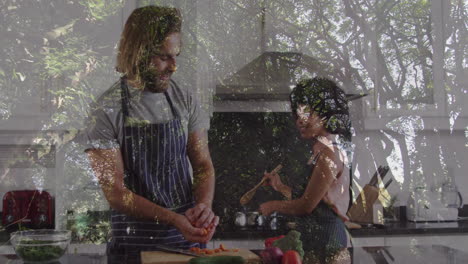 in kitchen, couple cooking with forest scene animation overlay, creating harmony