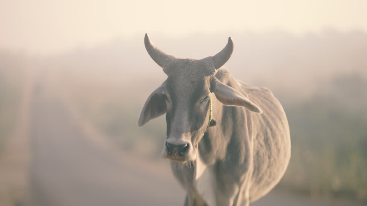 Una mucca zebu grigia cammina su una strada desertica vuota a Tharparkar, Sindh, Pakistan, con orizzonte fosco e spazio per il testo—viaggio rurale, bestiame e cultura.