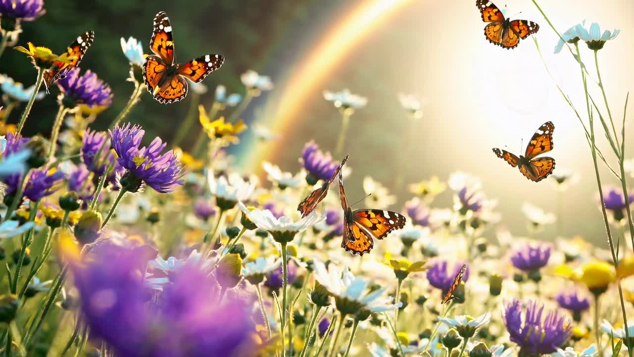 Scena video vivace di farfalle che svolazzano sui fiori di campo, ripresa da un angolo basso