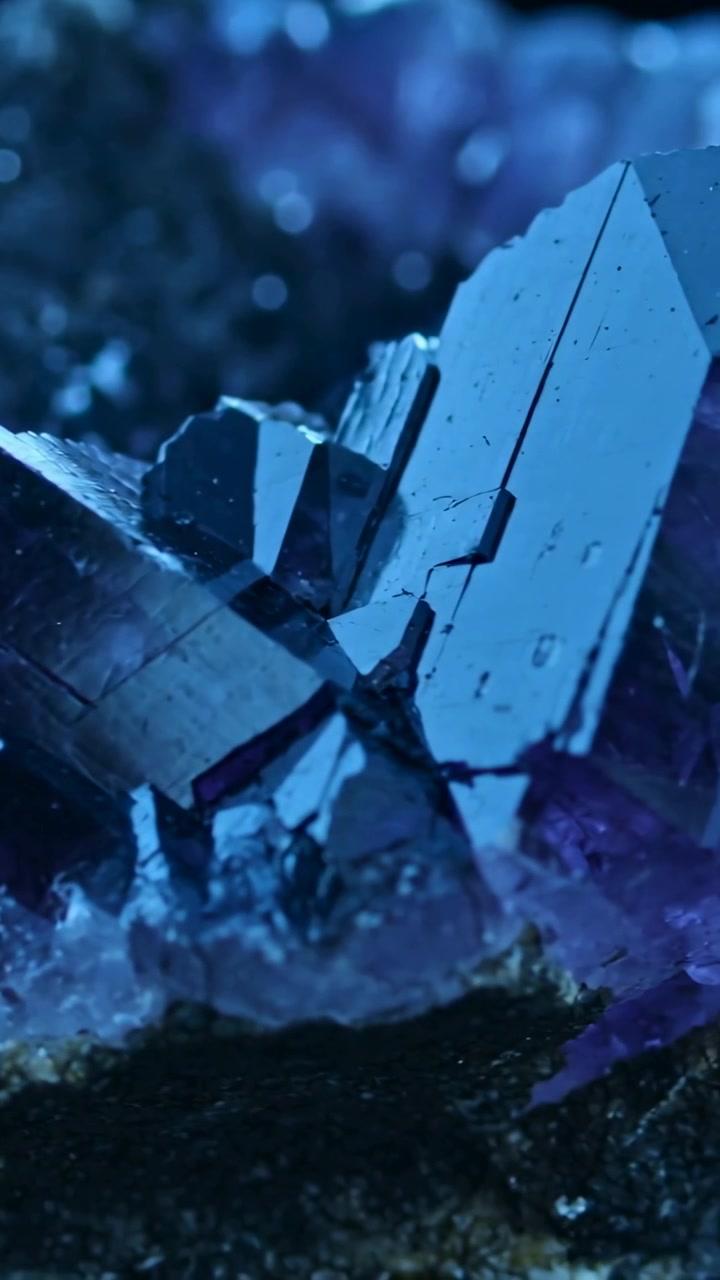 Vertical video: Pulling camera revealing blue crystals light sweeping faces drops on base on set