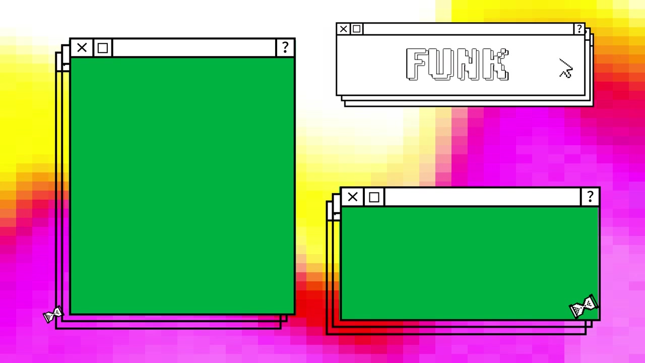 Animazione di finestre di schermo di computer e testo funky su sfondo colorato