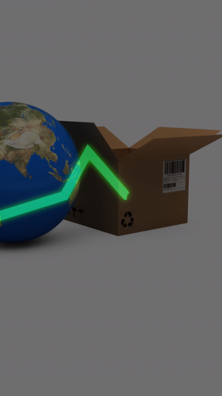 animación del procesamiento estadístico con líneas sobre el globo y una caja de cartón sobre fondo gris