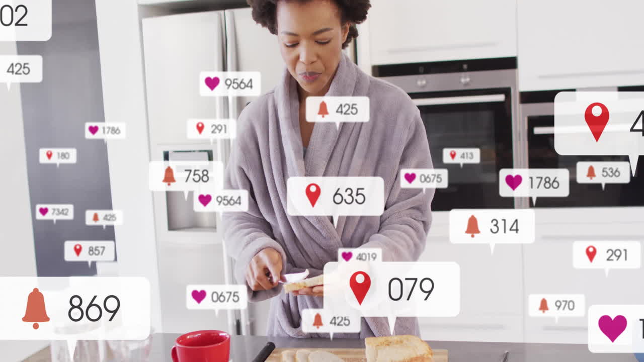 Preparing breakfast, woman surrounded by animated social media notifications