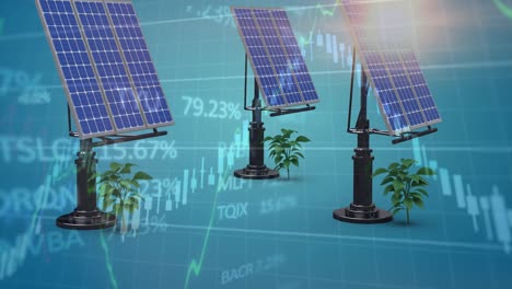 animación de paneles solares con plantas sobre gráficos y tableros de negociación.