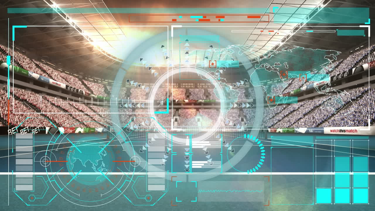 둥근 스캐너의 애니메이션과 스포츠 스타디움에 대한 데이터 처리 인터페이스