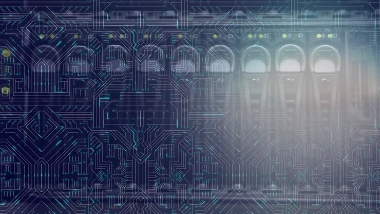 Mainframe computer and glowing circuitbaord