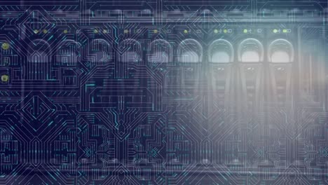 Mainframe-computer-and-glowing-circuitbaord