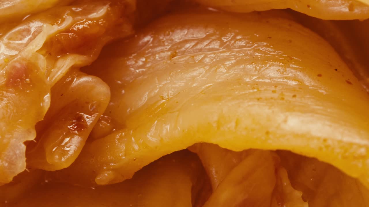 Close-up of texture fermented spicy cabbage kimchi with in can. Preservation of vegetables in glass jars. Fermentation preserved kimchi cabbage with spices macro. Asian cuisine.