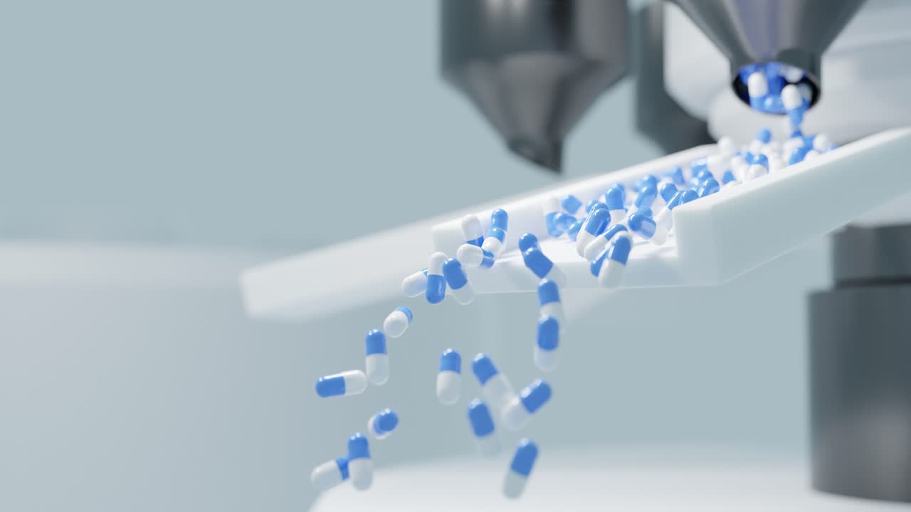 의료 및 약리학 연구실의 과학 의료 장비는 바이러스와 질병을 치료하기 위한 고급 치료법으로 처방약 시험약 캡슐을 제조하고 있습니다.