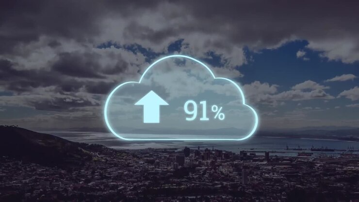Animation of cloud icon with percentage and city in background