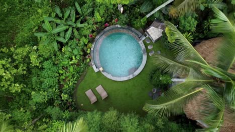 aerial birds eye view of round swimming pool at tropical forest retreat in ubud