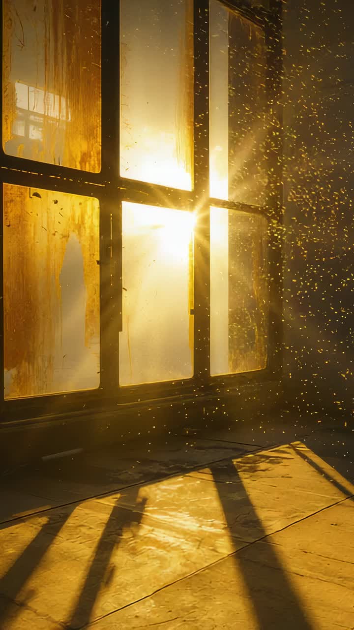 Vertical video: Peeking sun at mullion casting shadows on floor in empty room making warm dust glow