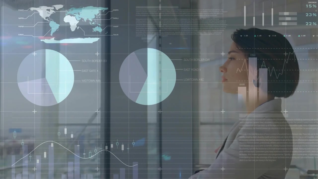 Businesswoman tapping phone by glass, initiating analytics HUD with charts, gauges, map, deciding
