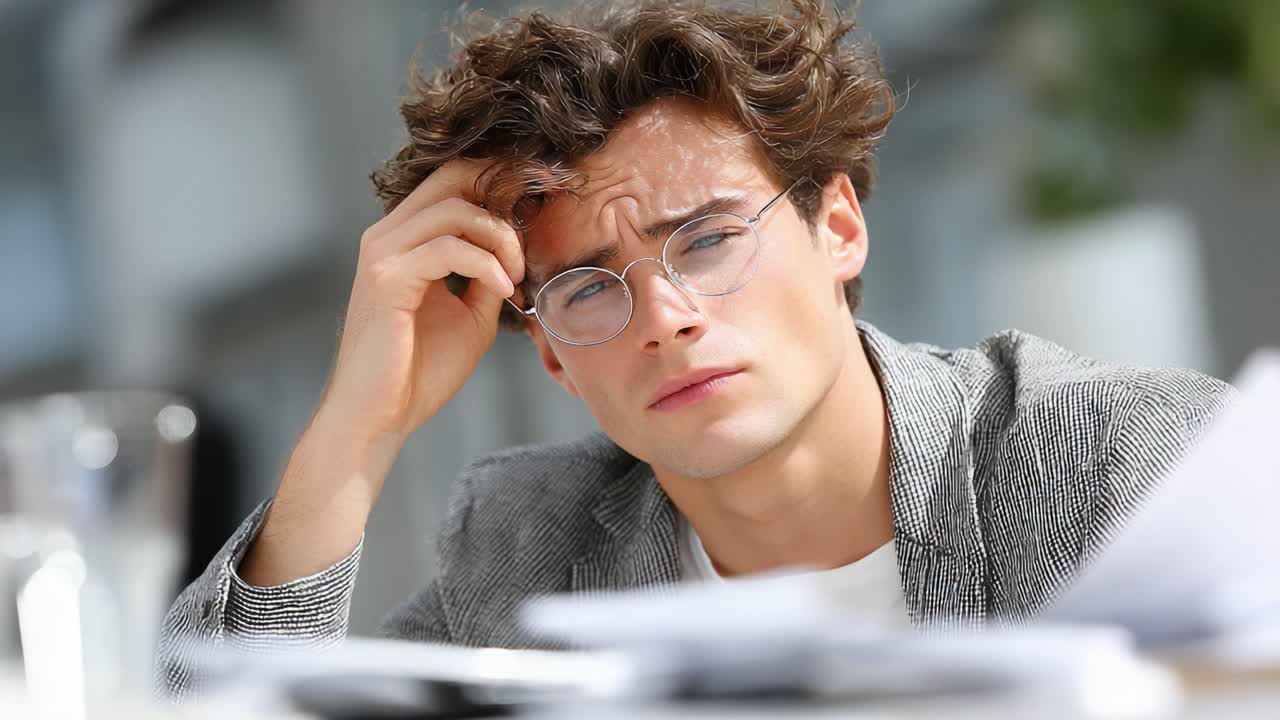 A young man exhibits a thoughtful expression while contemplating surrounded by scattered papers in a bright, indoor setting, showcasing a moment of deep concentration and emotion