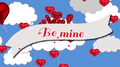 Be-mine-text-text-against-heart-shaped-balloons-floating-in-blue-sky