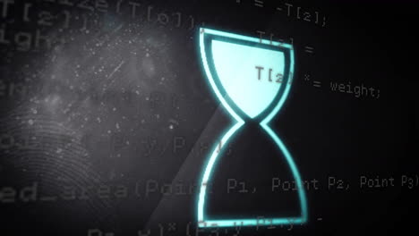 animation of glowing hourglass icon with computer code in digital school setting