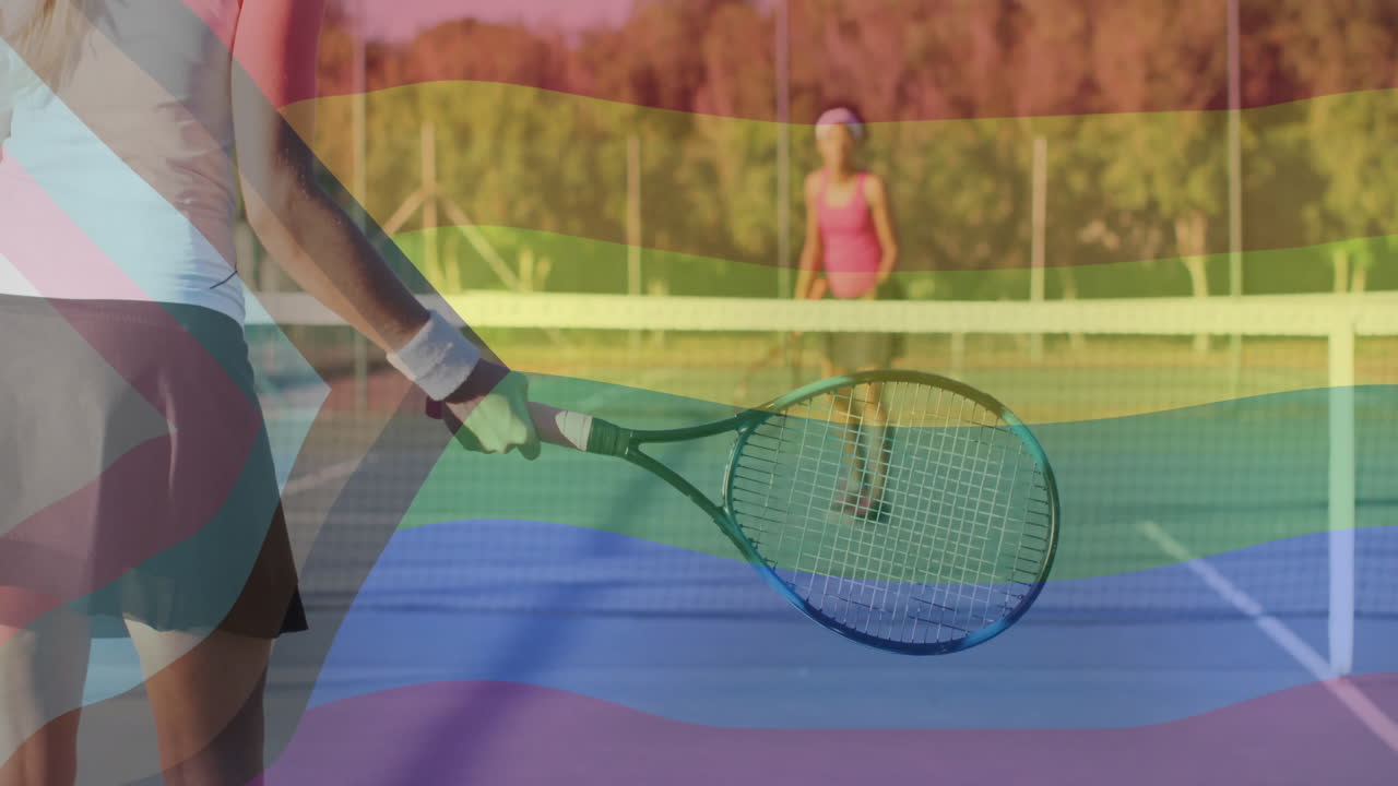 Female tennis players battling outdoor hard court with animated data bars driving sports analytics