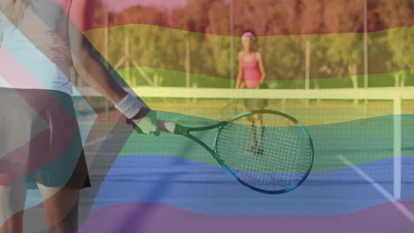 female tennis players battling outdoor hard court with animated data bars driving sports analytics
